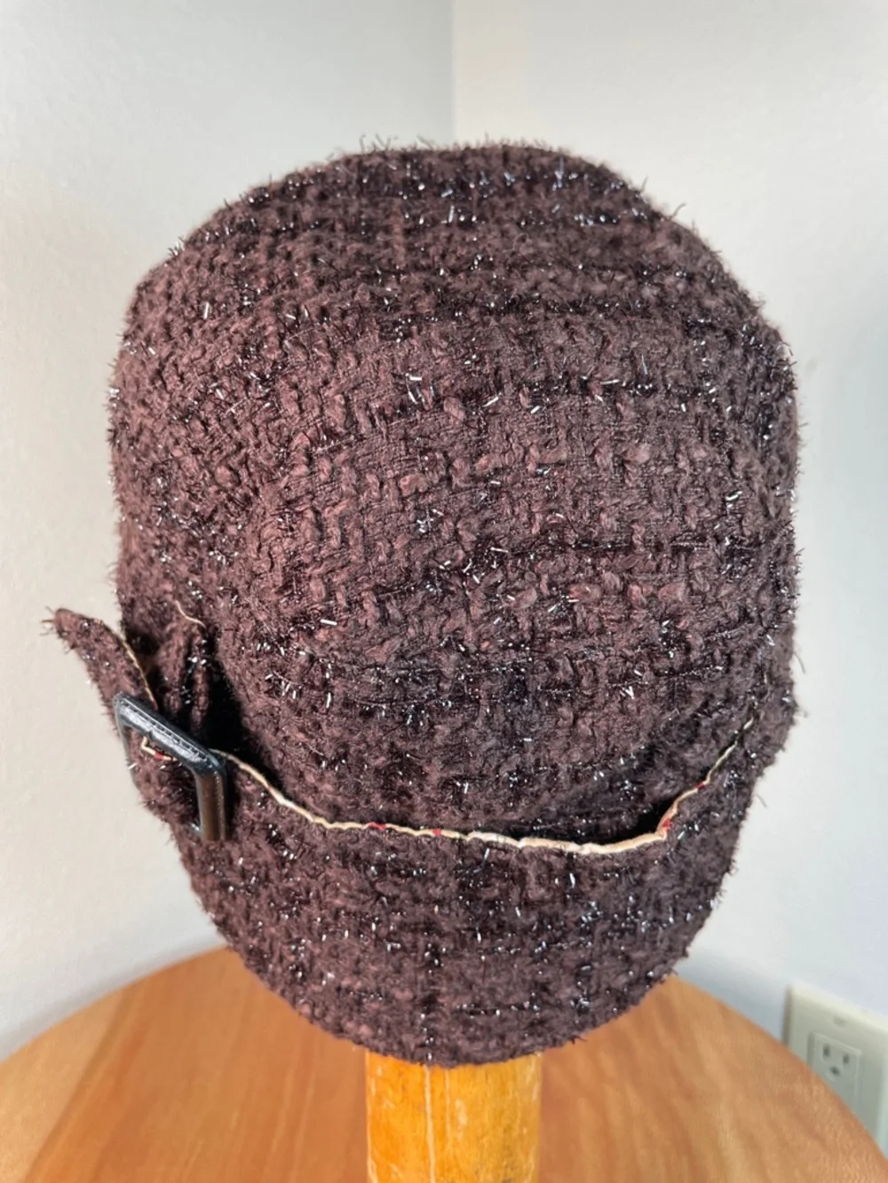 Y2K Brown Sparkly Tweed Knit Cap Hat Short Brim Floral Lined Hip Hop Streetwear